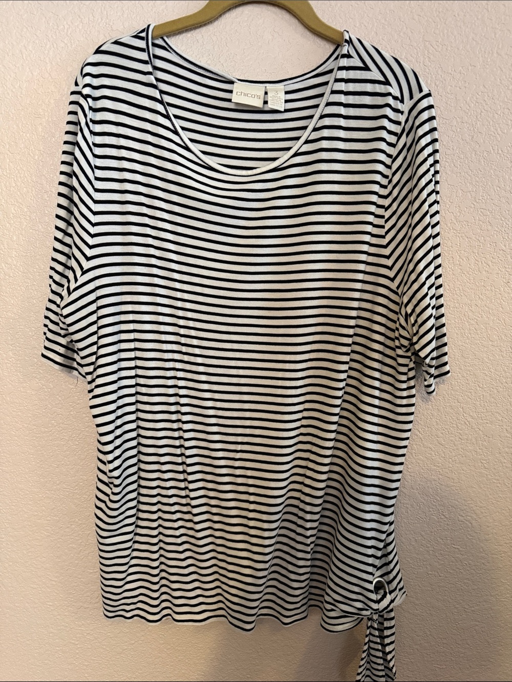 Chico's Black & White Striped Short Sleeve Side-Tie Tee